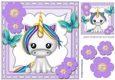 Pretty rainbow unicorn with butterflies and purple flowers 8x8