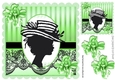 Classy silhouette lady in hat with green flowers & black lace 8x8