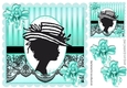 Classy silhouette lady in hat with turq flowers & black lace 8x8