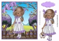 sweet little girl with her budgie & cage and purple bows 8x8