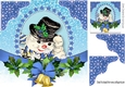 snowman with christmas bells and blue bow bow 8x8