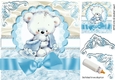 teddy cuddles with blue bow on lace & fur 8x8