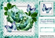 Pretty turq roses with butterflies on lace script 8x8