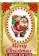 Jolly santa with sack of presents in gold glitter frame A4