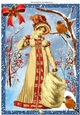 vintage lady in her winter coat in the snow with robins A4