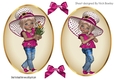 Two lovely card fronts of little girls in cerise pink hats and bows
