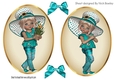 Two lovely card fronts of little girls in turq hats and bows