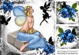 blue faerie sitting on a rock with silhouette butterflies and faerie 8x8