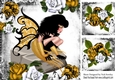 gold gothic faerie on a rock with butterflies and gold roses, with toppers 8x8