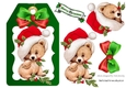 Cute little teddy bear in santa hat with bow (green) on a tag