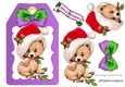 Cute little teddy bear in santa hat with bow (purple) on a tag