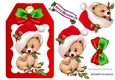 Cute little teddy bear in santa hat with bow (red) on a tag