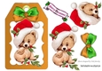 Cute little teddy bear in santa hat with bow (gold) on a tag