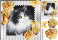 pretty painted black and white kitten with pearl & yellow roses 8x8