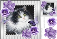 pretty painted black and white kitten with pearl & purple roses 8x8