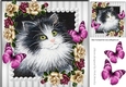 pretty painted black and white kitten with pearl & pink/cream roses 8x8