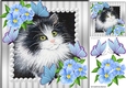  painted black & white kitten with pearl & blue flowers, butterflies roses 8x8