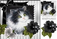 pretty painted black and white kitten with pearl, bow and black roses 8x8