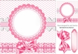 Pink frilly, polkadot & gingham card front with topper and bow 8x8