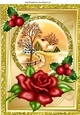 pretty snow cottage with red rose and holly A4