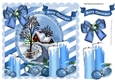 pretty blue candles with bow and cottage with snow 8x8