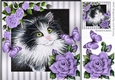 lovely painted black and white kitten with lilac roses & butterflies 8x8