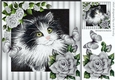 lovely painted black and white kitten with silver roses & butterflies 8x8
