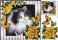 lovely painted black and white kitten with gold roses & butterflies 8x8