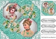 two lovely vintage ladies (turq) in frames with lace & flowers 8x8