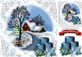 Lovely christmas scene with cottage & blue candles 8x8