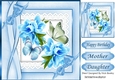 Pretty blue flowers with butterflies on lace with bows 8x8