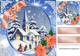 Lovely snow scene of a church with peach poinsettias 8x8