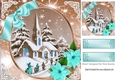 Lovely snow scene of a church with turq poinsettias 8x8