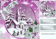 Lovely snow scene of a church with silver/pink poinsettias 8x8