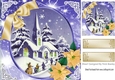 Lovely snow scene of a church with gold poinsettias 8x8