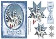 Lovely Christmas scene of a church with blue bow, star pyramids