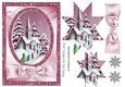 Lovely Christmas scene of a church with rose pink bow, star pyramids