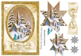 Lovely Christmas scene of a church with gold bow, star pyramids