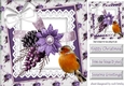 Lovely Robin With purple christmas arrangement and bow on lace 8x8