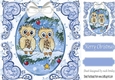 cute pair of owls on a branch with snow & bow (blue) 8x8