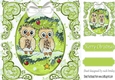 cute pair of owls on a branch with snow & bow (green) 8x8