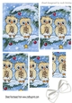 cute pair of owls on a branch with snow & bow (blue) pyramids