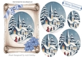 church in the snow with blue poinsettias on a scroll oval pyramids