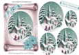 church in the snow with turq poinsettias on a scroll oval pyramids