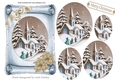 church in the snow with gold poinsettias on a scroll oval pyramids