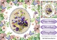 pretty lilac pansies in a basket in floral frame with butterflies 8x8