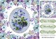 pretty lilac/blues pansies in a basket in floral frame with butterflies 8x8