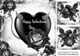 Gothic monochrome/silver velvet rose on a black heart with butterflies 8x8