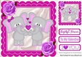 Cute pair of romantic elephants with cerise roses 8x8