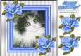 Lovely painted black and white kitten with blue frame and roses 8x8
